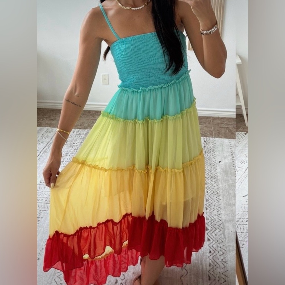 Colorblock Tiered Maxi Dress in Turquoise, Mint, Yellow & Red